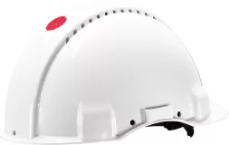 Hełm ochronny Peltor™ G3000NUV Solaris™, kolor biały, z regulowanym paskiem na podbródek oraz otworami wentylacyjnymi. Posiada czerwoną nalepkę na górze.
