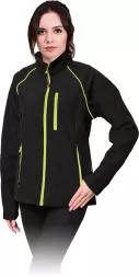 Damska kurtka softshell SHELLADY, elastyczna, z membraną oddychającą. Model ochronny w kolorze czarnym z zielonymi zamkami i przeszyciami. Zapinana na zamek błyskawiczny, kieszeń na piersi.