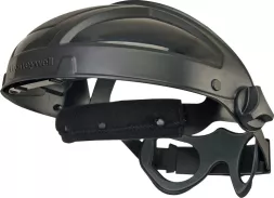 Czarne nagłowie TURBOSHIELD marki Honeywell z szerokim, przezroczystym osłonięciem twarzy oraz regulowanym mechanizmem montażu.