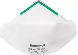 Półmaska przeciwpyłowa Honeywell 4210 FFP2 NR D, kolor biały, z zielonym paskiem na górnej krawędzi. Na przedniej stronie widoczne logo firmy i model maski.