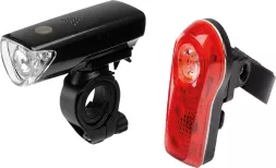 Zestaw lamp rowerowych MacTronic Falcon Eye DUO. Lampka przednia czarna LED z trzema diodami, lampka tylna czerwona LED. Zasilane bateriami AAA. Montaż na kierownicę i sztycę.