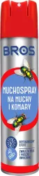 Czerwono-biały pojemnik sprayu marki BROS, o nazwie MUCHOSPRAY, przeznaczony do zwalczania much i komarów. Na etykiecie znajduje się grafika muchy i komara. Produkt przeznaczony jest do użytku domowego.