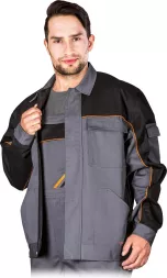Męska bluza robocza katana w kolorze stalowo-pomarańczowym, z kieszeniami, zapinana na zamek i zatrzaski, z wzmocnionymi rękawami i dodatkowymi przeszyciami przy kieszeniach.