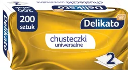 Chusteczki uniwersalne kosmetyczne Delikato, 200 sztuk, dwuwarstwowe. Opakowanie w kolorze złoto-białym z niebieskimi elementami.
