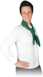 Zielony szalik piekarza zawiązany wokół szyi.