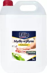 Opakowanie białe z czerwonym zamknięciem, zawiera 5L mydła w płynie Filip. Na etykiecie napis 