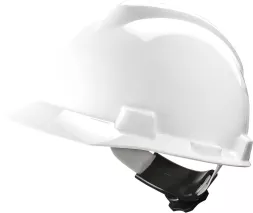 Hełm V-GARD, biały, z tworzywa HDPE, posiada przedni daszek i regulowany system zapięcia.