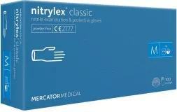 Niebieskie opakowanie rękawic nitrylowych nitrylex® classic. Rękawice diagnostyczne, bezpudrowe. Rozmiar M, 100 sztuk w opakowaniu. Opakowanie oznaczone symbolem CE.