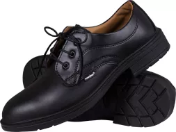 Eleganckie czarne skórzane buty robocze męskie MANAGER S1P z podnoskiem i wkładką, wiązane na sznurowadła, z antypoślizgową podeszwą.