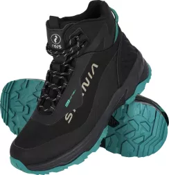 Męskie czarne buty trekkingowe SPANIA z materiału softshell, z wysoką cholewką i solidną, turkusową podeszwą. Model wyposażony w sznurowadła i wyraźne logo na boku oraz języku buta.