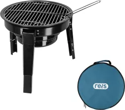 Składany grill turystyczny Tactical Guard BBQ z metalową kratką i trzema składanymi nogami, zapakowany w niebieską torbę transportową. Idealny do użytku outdoorowego i łatwy do przenoszenia.