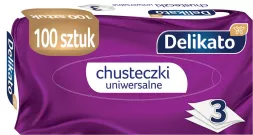 Chusteczki kosmetyczne Delikato, uniwersalne, 100 sztuk, 3-warstwowe, opakowanie fioletowe.