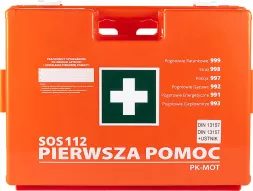 Pomarańczowa apteczka pierwszej pomocy z białym krzyżem i napisem 