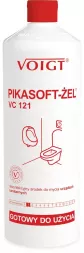 Biała butelka z czerwonymi napisami i grafiką, zawiera środek dezynfekujący PIKASOFT-ŻEL VC 121 marki Voigt. Przeznaczony do czyszczenia toalet.