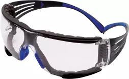 Okulary ochronne SecureFit™ 400, przeźroczyste z niebieskimi elementami. Posiadają elastyczny pasek i boczne panele wentylacyjne.