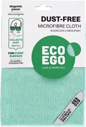Ściereczka z mikrofibry DUST-FREE marki Eco Ego, koloru zielonego, przeznaczona do czyszczenia różnych powierzchni. Opakowanie promuje właściwości ekologiczne produktu.