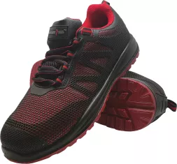 Czarno-czerwone męskie buty robocze CUBE S1P z podnoskiem i wkładką, zapewniające ochronę i komfort podczas pracy. Model o nowoczesnym designie i solidnej konstrukcji.