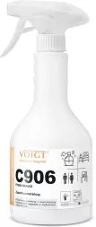 Odświeżacz powietrza Voigt C906 FRESH ORANGE o pojemności 750 ml, w butelce z atomizerem. Produkt przeznaczony do szybkiego odświeżania powietrza. Etykieta zawiera instrukcje dotyczące użycia i symbole ostrzegawcze.