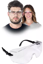 Przeciwodpryskowe okulary ochronne PORTLAND, nakładane na okulary korekcyjne, przezroczyste, z elastycznymi zausznikami.