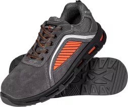 Skórzane buty robocze ATOMIC S1 z podnoskiem stalowym, męskie, w kolorze szaro-pomarańczowym, z wytrzymałą, antypoślizgową podeszwą i sznurowaniem.