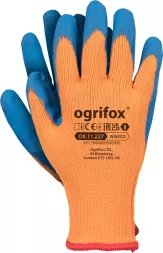 Rękawice ochronne marki Ogrifox, model OX.11.227, z niebieską powłoką na dłoniach i pomarańczowym materiałem na reszcie. Posiadają oznaczenie CE i spełniają normę EN 388.