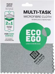 Ściereczka z mikrofibry MULTI TASK o właściwościach 2 w 1, odpowiednia do każdego typu powierzchni. Znak ECO EGO wskazuje na ekologiczny charakter produktu.