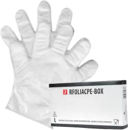 Rękawiczki jednorazowe foliowe FOLIACPE-BOX, 100 sztuk, rozmiar L. Przeznaczone do ochrony rąk, wygodne i praktyczne do użytku sklepowego.