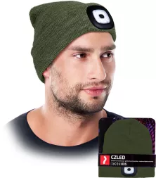 Czapka zimowa khaki z wymienną latarką LED na czole. Ocieplana, chroni przed zimnem, idealna do pracy i aktywności w ciemności.