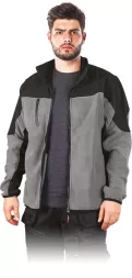 Męska bluza robocza POLAR-SHELL w kolorze stalowym z czarnymi elementami, wzmacniana softshellem, z odblaskowymi detalami, zapinana na zamek, z kieszeniami.