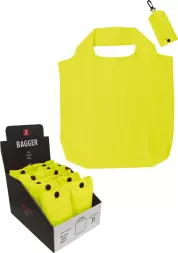 Żółta, wielorazowa torba na zakupy z uchwytem. Składana i przechowywana w małym etui z karabińczykiem, idealna do codziennego użytku. Produkt reklamowy marki Bagger.