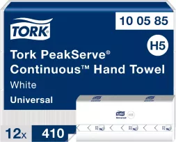 Niekończące się ręczniki do rąk TORK PEAKSERVE, kolor biały, uniwersalne, opakowanie zawiera 12 rolek po 410 listków.