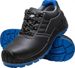 Męskie buty robocze TITANBLUE S3 z kompozytowym podnoskiem i wkładką, czarne z niebieską podeszwą, zapewniające bezpieczeństwo i komfort podczas pracy.