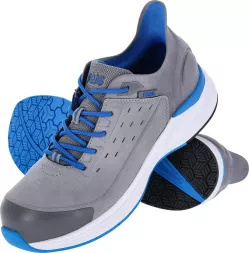 Buty robocze męskie URLIK wykonane z mikrofibry, wyposażone w podnosek i lekką wkładkę. Model szary z niebieskimi akcentami, przewiewny, ze sportowym designem.