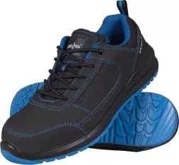 Skórzane buty robocze JUPITER S1P w kolorze czarnym z niebieskimi detalami. Posiadają podnosek i wkładkę ochronną oraz antypoślizgową, niebieską podeszwę. Model męski, bezpieczne.