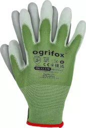 Rękawice ochronne Ogrifox OX.12.578 Recovery, zielone, z powłoką na palcach i wewnętrznej stronie dłoni, posiadają certyfikaty CE i EN 388. Logo Ogrifox znajduje się na grzbiecie rękawicy.