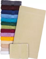 Ręcznik frotte z 100% bawełny, gruby, w kolorze ecru. Produkt wykonany z wysokiej jakości tkaniny frotte, dostępny także w różnych innych kolorach.