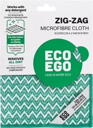 Ściereczka kuchenna z mikrofibry ZIG-ZAG, działa bez detergentu, usuwa zabrudzenia. Opakowanie promuje filozofię ekologiczną 