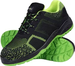 Buty robocze ROBIN S1P z podnoskiem i wkładką, czarno-zielone, lekkie, przewiewne, z antypoślizgową podeszwą, przeznaczone do pracy, zapewniające ochronę stóp.