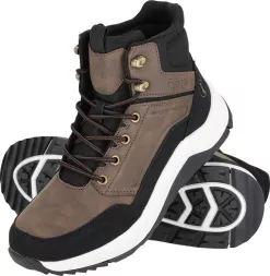 Męskie buty trekkingowe FUEGO w kolorze brązowo-czarnym, z wysoką cholewką, metalowymi oczkami na sznurówki i grubą, białą podeszwą z wyraźnym bieżnikiem.