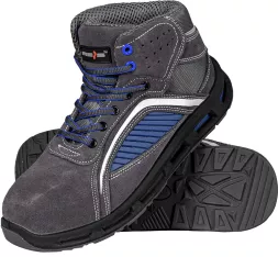 Buty robocze trzewiki skórzane ATOMIC, podnosek stalowy S1, niebieskie detale, sznurowane, antypoślizgowa podeszwa, wytrzymałe i bezpieczne.