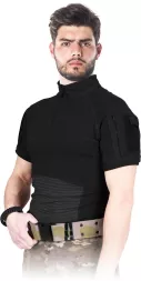 Czarna, elastyczna męska koszulka taktyczna z krótkim rękawem, stożkowym kołnierzem i kieszonkami na rękawie. Model Tactical Guard OSPREY.