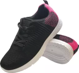 Damskie lekkie buty sportowe VELMA w czarno-różowej kolorystyce, z przewiewną cholewką i białą podeszwą. Idealne do codziennego użytku i aktywności sportowych.