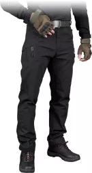 Męskie czarne spodnie taktyczne bojówki rip-stop GANS z wieloma kieszeniami, elastycznym pasem i wzmocnionymi szwami. Model Tactical Guard, idealny do zadań ochronnych i outdoorowych.
