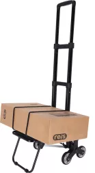 Składany wózek transportowy CART-40 z uchwytem teleskopowym, przeznaczony do przenoszenia ładunków do 40 kg, wyposażony w zestaw kółek umożliwiających wchodzenie po schodach. Kolor czarny.