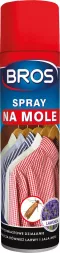 Czerwono-niebieski pojemnik Bros Spray na mole, chroniący ubrania. Na etykiecie znajdują się grafiki koszul i symboli ochrony tkanin.