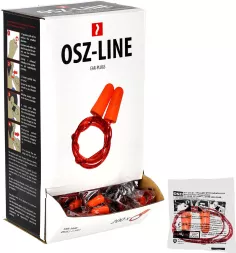Wkładki przeciwhałasowe OSZ-LINE, piankowe na sznurku, 200 par. Jednorazowe stopery do uszu z pianki poliuretanowej, chroniące przed hałasem. Opakowanie zbiorcze z indywidualnie pakowanymi parami.