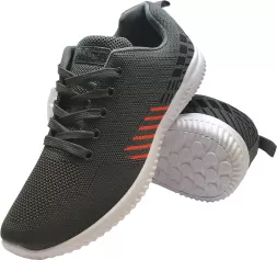 Lekkie buty sportowe FAST w kolorze stalowym, z oddychającą siateczkową cholewką, białą podeszwą i czerwonymi akcentami po bokach. Idealne do aktywności fizycznej.