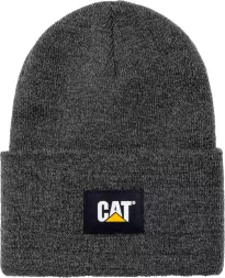 Czapka zimowa CAT w kolorze szarym, wykonana z ciepłego materiału, z wywijanym brzegiem. Na froncie naszywka z logo Caterpillar w czarno-żółtej kolorystyce.