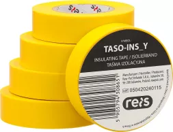 Żółta, samoprzylepna taśma izolacyjna Taso-Ins Y o szerokości 19 mm i długości 20 m, przeznaczona do izolacji elektrycznej. Produkt marki Reis, numer katalogowy 50402420115.