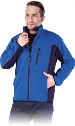 Niebieski męski polar roboczy zapinany na zamek, z czarnymi wstawkami po bokach i na kieszeni na piersi. Bluza ochronna TWIN o sportowym kroju.